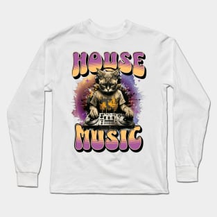 HOUSE MUSIC  - Feline Dj on Decks (black/orange/purple) Long Sleeve T-Shirt